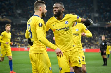 Kiev, Ukrayna - 14 Mart 2019: Olivier Giroud ve Antonio Rudig