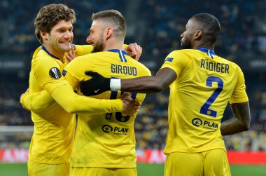 Kiev, Ukrayna - 14 Mart 2019: Olivier Giroud ve Antonio Rudig