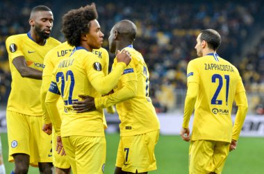 Kiev, Ukrayna - 14 Mart 2019: Willian ve N'Golo Kante takım ce