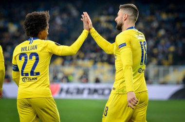 Kiev, Ukrayna - 14 Mart 2019: Olivier Giroud ve Willian cele