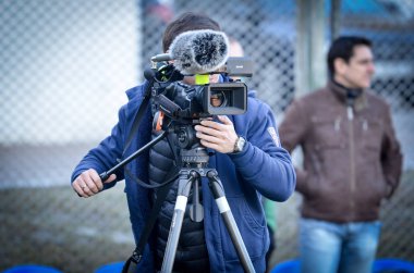 Kiev, Ukrayna - 14 Mart 2019: Gazeteciler ve fotoğrafçılar s