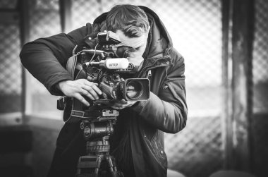 Kiev, Ukrayna - 14 Mart 2019: Gazeteciler ve fotoğrafçılar s