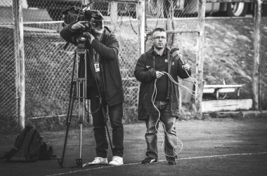 Kiev, Ukrayna - 14 Mart 2019: Tv kameraları ile Gazeteciler wor