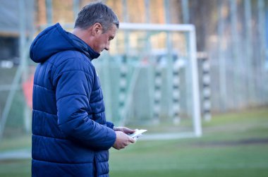 Kiev, Ukrayna - 14 Mart 2019: Aleksandr Khatskevich teknik direktör dur