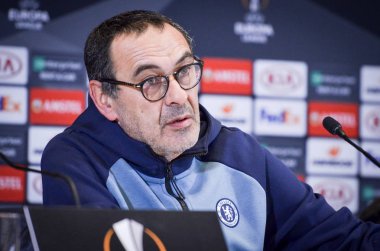 Kiev, Ukrayna - 14 Mart 2019: Maurizio Sarri basında con