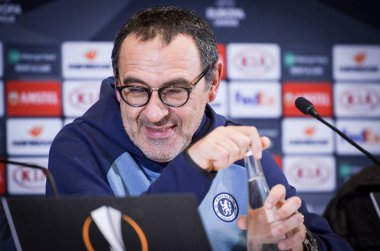Kiev, Ukrayna - 14 Mart 2019: Maurizio Sarri basında con