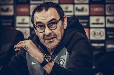 Kiev, Ukrayna - 14 Mart 2019: Maurizio Sarri basında con