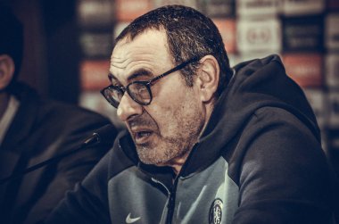 Kiev, Ukrayna - 14 Mart 2019: Maurizio Sarri basında con
