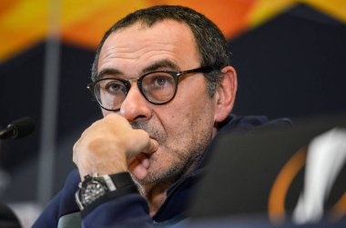 Kiev, Ukrayna - 14 Mart 2019: Maurizio Sarri basında con