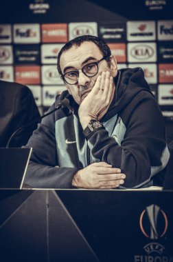 Kiev, Ukrayna - 14 Mart 2019: Maurizio Sarri basında con