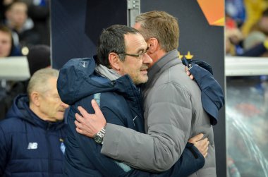 Kiev, Ukrayna - 14 Mart 2019: Maurizio Sarri ve Aleksandr Kh