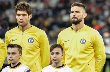 Kiev, Ukrayna - 14 Mart 2019: Marcos Alonso ve Olivier Girou