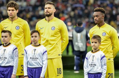 Kiev, Ukrayna - 14 Mart 2019: Marcos Alonso ve Olivier Girou