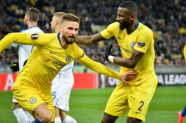 Kiev, Ukrayna - 14 Mart 2019: Olivier Giroud, Antonio Rudiger