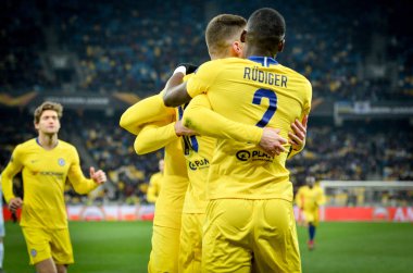 Kiev, Ukrayna - 14 Mart 2019: Olivier Giroud, Antonio Rudiger