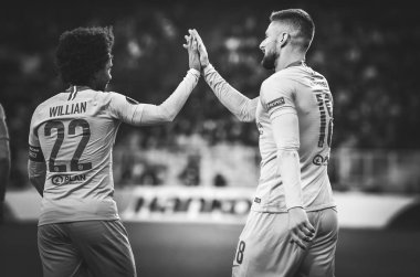 Kiev, Ukrayna - 14 Mart 2019: Olivier Giroud ve Willian cele