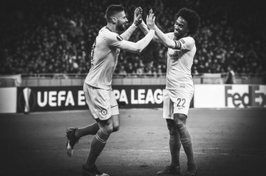 Kiev, Ukrayna - 14 Mart 2019: Olivier Giroud ve Willian cele
