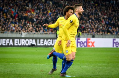 Kiev, Ukrayna - 14 Mart 2019: Olivier Giroud ve Willian cele