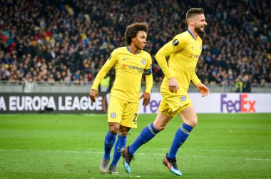 Kiev, Ukrayna - 14 Mart 2019: Olivier Giroud ve Willian cele