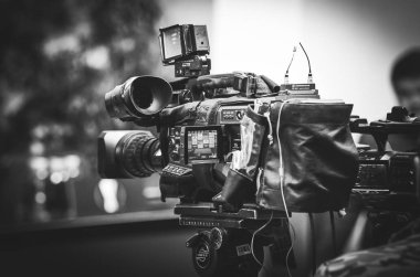 Kiev, Ukrayna - 14 Mart 2019: Basın sırasında tv kamera yakın çekimi 