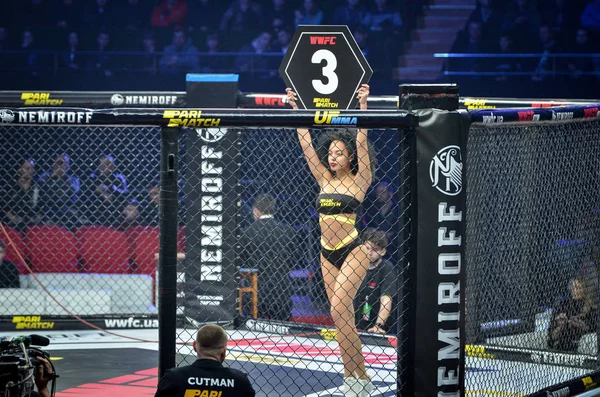 Kiev, Ukraina-mars 02, 2019: Ring Girls under Wwfc 14 praktikant — Stockfoto