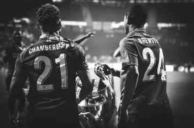 Madrid, İspanya - 01 Mayıs 2019: Chamberlain ve Rhian Brewster cele