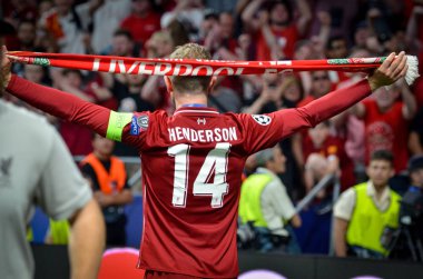 Madrid, İspanya - 01 Mayıs 2019: Jordan Henderson wi'larını kutladı