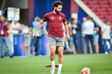Madrid, İspanya - 01 Mayıs 2019: Liverpool'un Mohamed Salah oyuncuları 