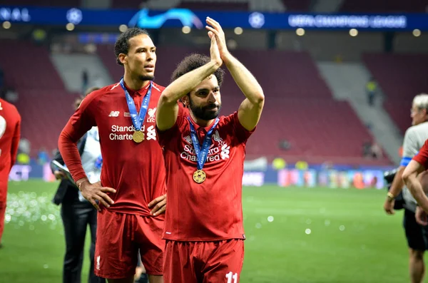 Madrid, İspanya - 01 Mayıs 2019: Mohamed Salah galibiyetini kutladı — Stok fotoğraf