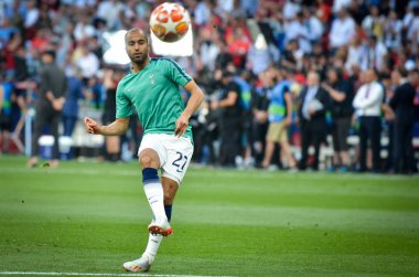 Madrid, İspanya - 01 Mayıs 2019: Lucas Moura uefa sırasında oyuncu 