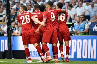 Madrid, İspanya - 01 Mayıs 2019: Mohamed Salah ve Liverpool takımı ce