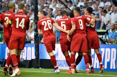 Madrid, İspanya - 01 Mayıs 2019: Mohamed Salah ve Liverpool takımı ce