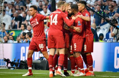 Madrid, İspanya - 01 Mayıs 2019: Mohamed Salah ve Liverpool takımı ce