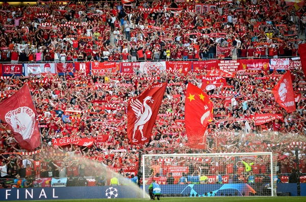 Madrid, Spain - 01 MAY 2019: Liverpool fans in the stands suppor — Stock Photo, Image