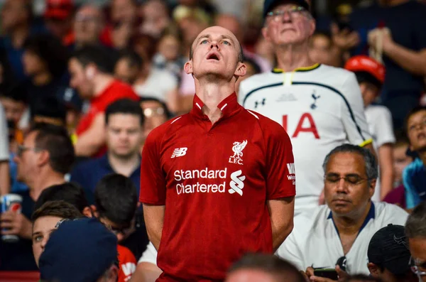 Madrid, Spain - 01 MAY 2019: Liverpool fans support the team dur — Stock Photo, Image