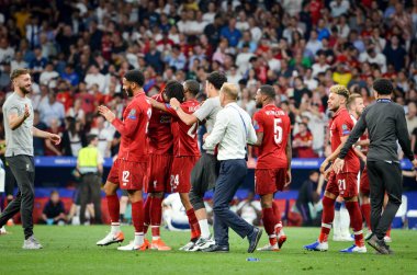 Madrid, İspanya - 01 Mayıs 2019: Liverpool oyuncuları w kutlamak