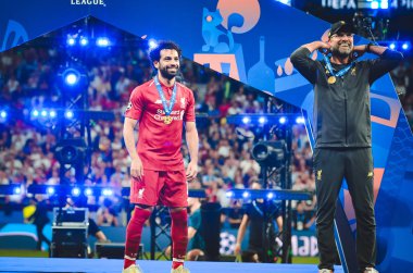 Madrid, İspanya - 01 Mayıs 2019: Mohamed Salah ve Jurgen Klopp cele