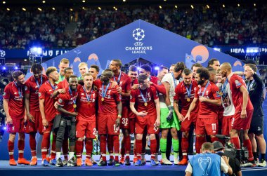 Madrid, İspanya - 01 Mayıs 2019: Liverpool oyuncuları w kutlamak