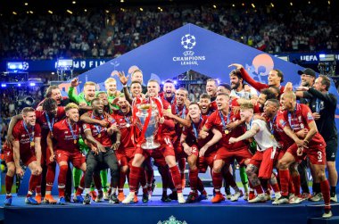 Madrid, Spain - 01 MAY 2019: Liverpool players celebrate their w clipart