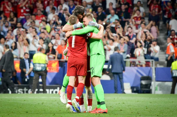 Madryt, Hiszpania-01 maj 2019: Piłkarze w Liverpoolu świętują — Zdjęcie stockowe