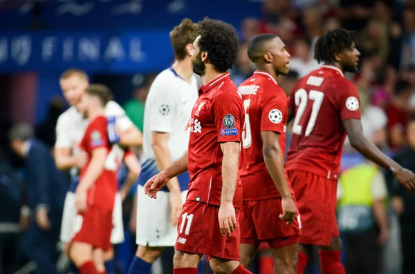 Madrid, Espagne - 01 MAI 2019 : Mohamed Salah célèbre la victoire de — Photo