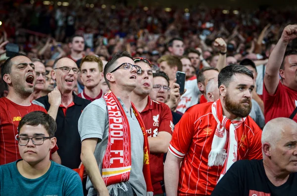 Madrid, İspanya - 01 Mayıs 2019: Liverpool taraftarları galibiyetlerini kutluyor — Stok fotoğraf