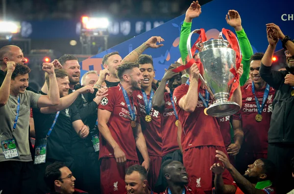 Madrid, Spanje-01 mei 2019: Liverpool spelers vieren hun w — Stockfoto