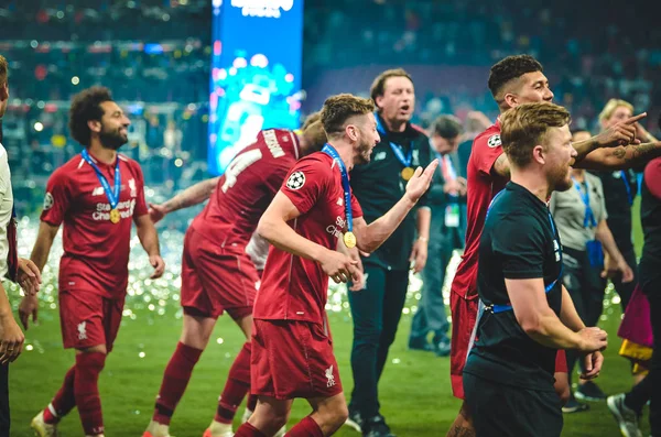 Madrid, Spanje-01 mei 2019: Liverpool spelers vieren hun w — Stockfoto