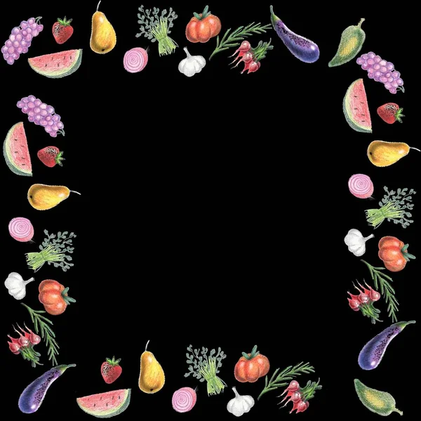 Doodle Vegetables Fruits Blackboard Background Frame — Stock Photo, Image