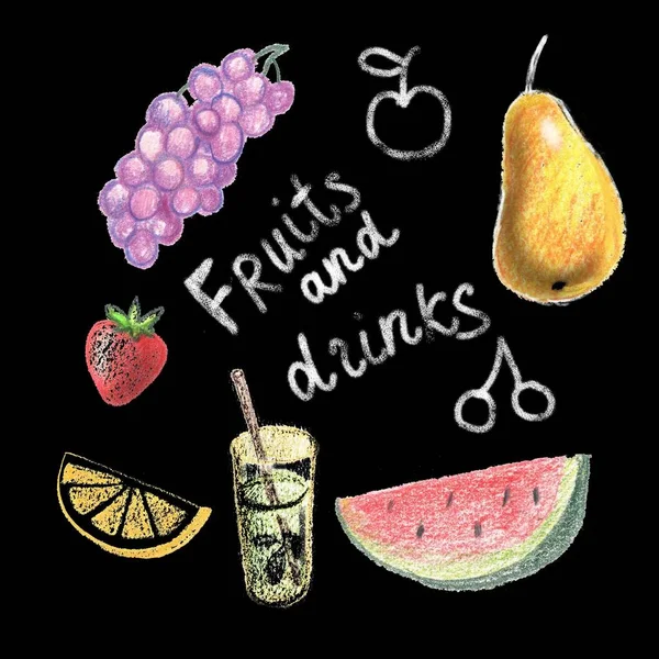 Doodle Φρούτα Φόντο Μαυροπίνακας Ένα Banner Για Μια Αγορά Και — Φωτογραφία Αρχείου