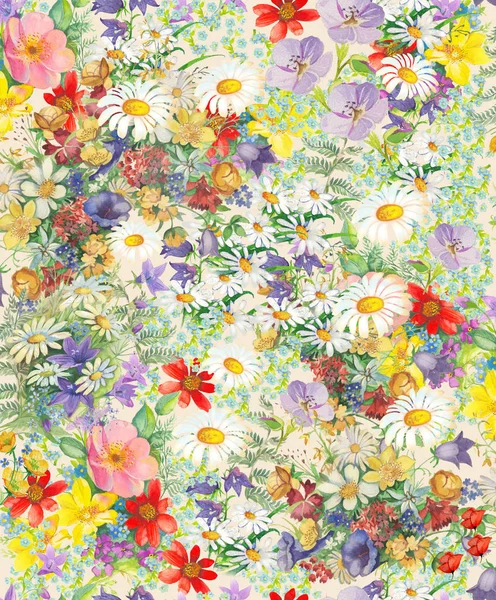 Patroon Van Aquarel Naïef Bloemen Een Witte Achtergrond — Stockfoto