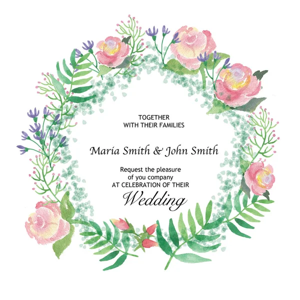 Watercolor invitation to the wedding with a wreath of delicate water colors