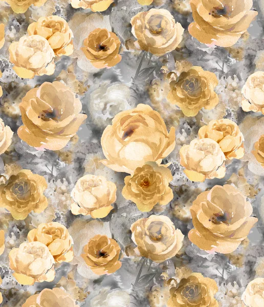 Fleurs Décoratives Dorées Aquarelle Lumineuse Sur Fond Sombre Grand Motif — Photo