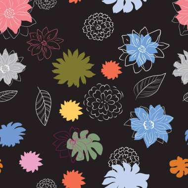 siyah bir arka plan, Dikişsiz desen çok renkli çiçekler